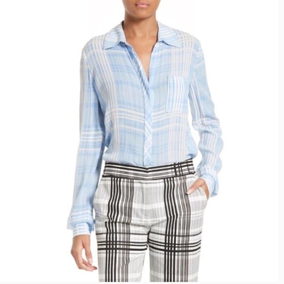 Diane Von Furstenberg DVF Blue and White Carter Plaid Button Down Shirt 8 - Picture 1 of 7